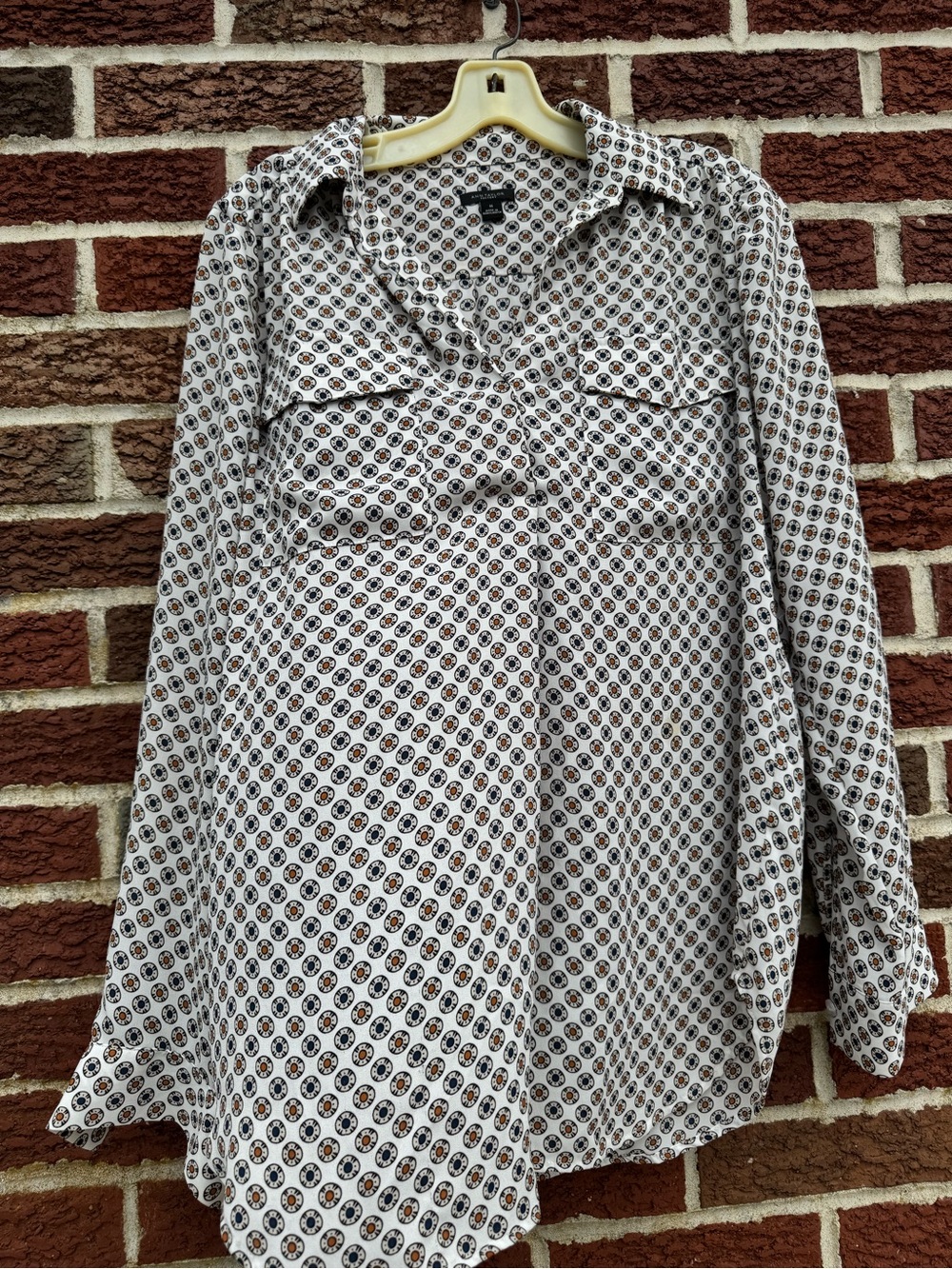 Ann Taylor Factory Cream Blouse with Blue and Orange Medallion Print